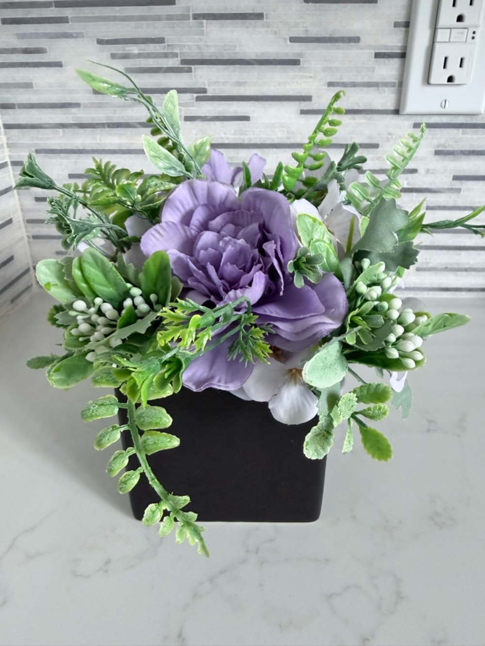 Artificial Lavender Peony Tabletop Arrangement in Black Vase
